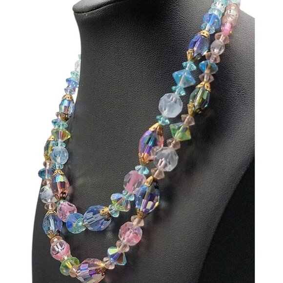 Pastel Translucent Beaded Necklace 16" Multishape Glass Beads Gold Tone Spacers - Picture 3 of 16